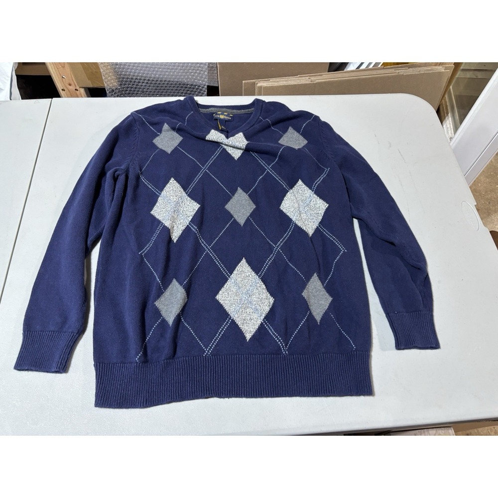 Club Room Mens Blue‎ Argyle Long Sleeve Sweater L V-Neck Pullover